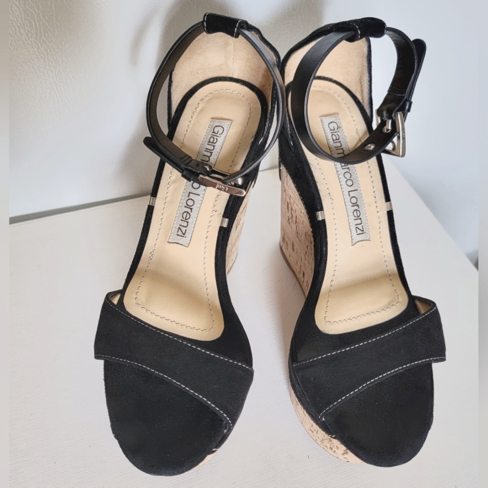 Gianmarco Lorenzi Cork Platforms Open Toe Black Suede Size 38 US 8
